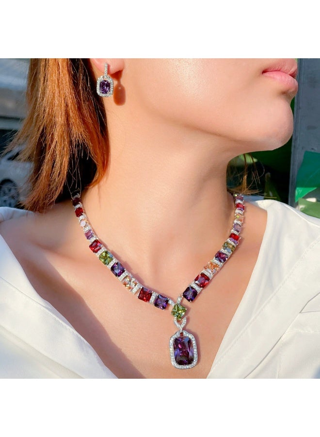 Ciara European and American Bridal Colorful Zircon Necklace Earrings Two Piece Set Wedding Dress Versatile Noble Earrings Banquet Chain - Image 1