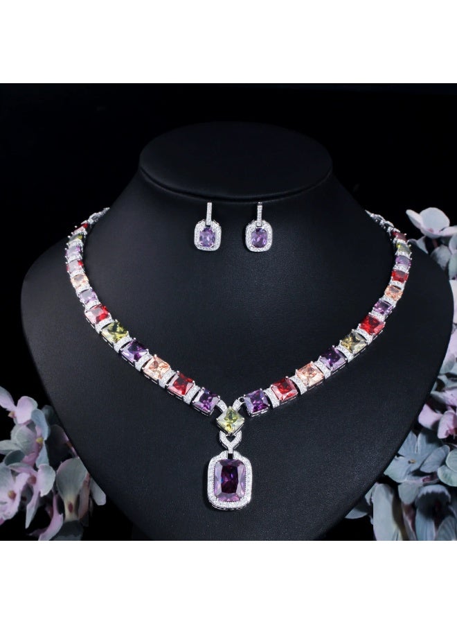 Ciara European and American Bridal Colorful Zircon Necklace Earrings Two Piece Set Wedding Dress Versatile Noble Earrings Banquet Chain - Image 2