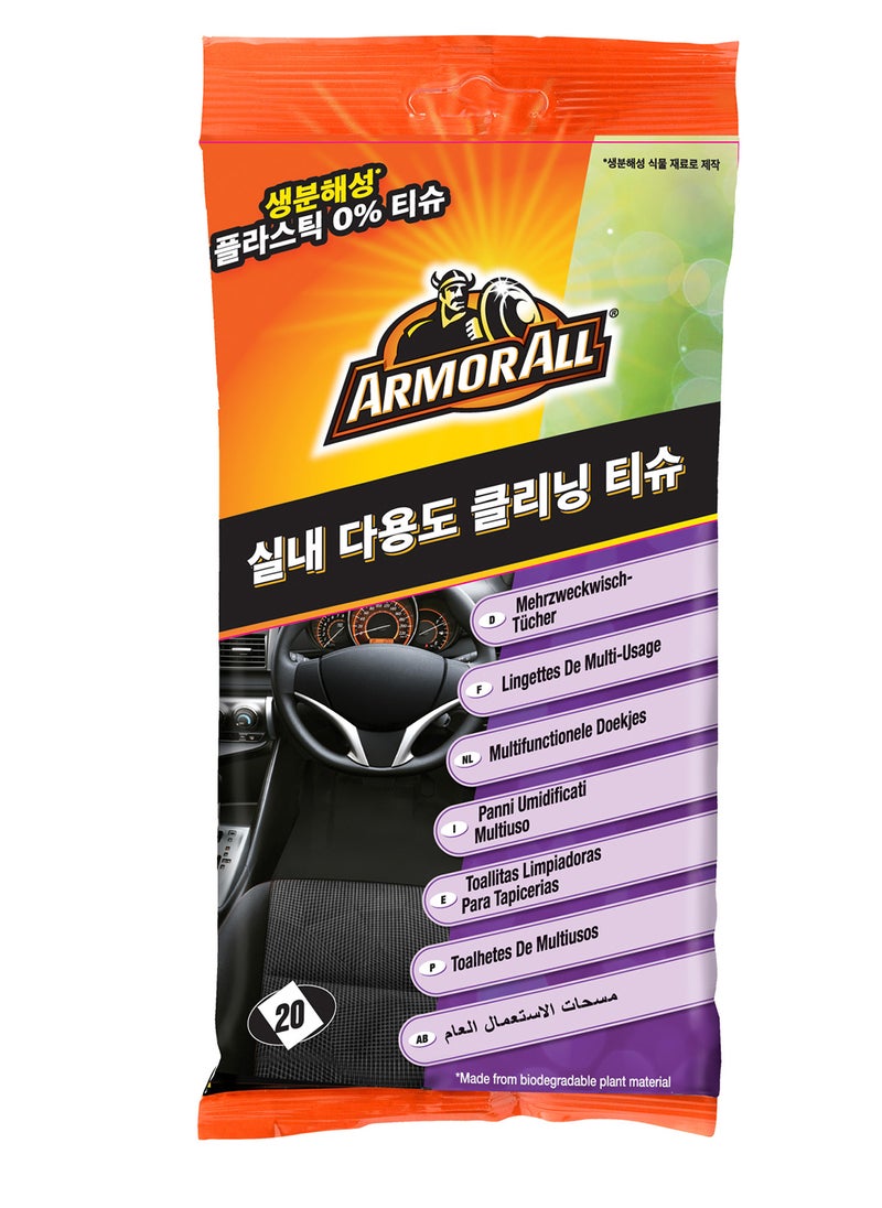 ARMOR ALL - مناديل مبللة متعددة الأغراض، للتنظيف الشامل، 100% خالية من البلاستيك وقابلة للتحلل البيولوجي، 20 منديل - Image 1