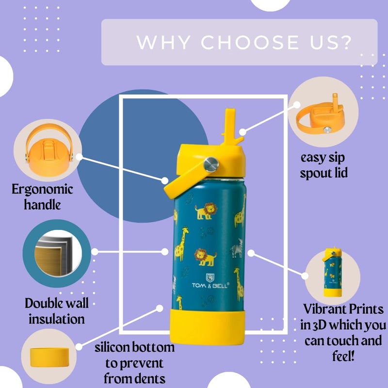 TOM  BELL Insulated Water Bottle for Kids 500ml,Double Wall Water Bottle for School, Sipper Bottle,Hot and Cold, Premium 304 Stainless Steel (Dark green, 500ml) - Image 5