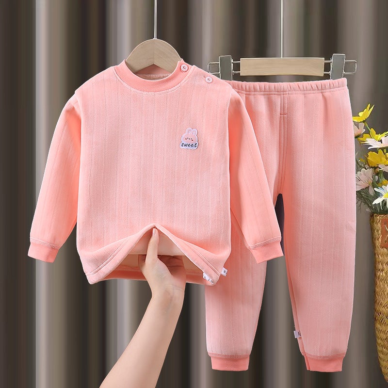 Children'S Thermal Underwear Set, Fleece-Lined And Thickened, Long-Sleeved Tops And Pants For Boys And Girls, Thickened For Warmth - Image 1