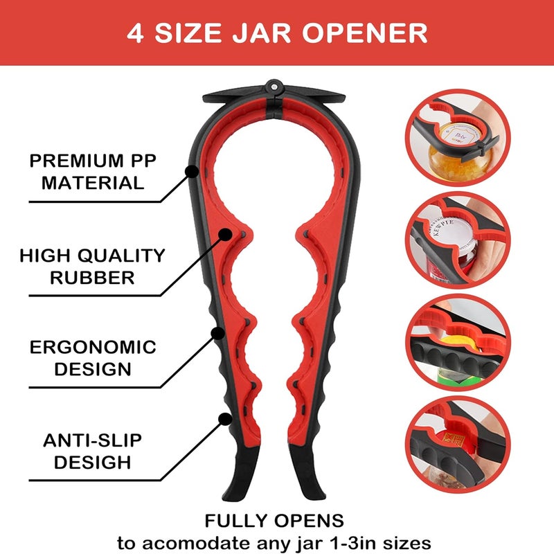 HUMANFUN Jar Opener for Weak Hands, Seniors with Arthritis, 5 in 1 Multi Function Bottle Opener Lid Opener For Arthritic Hands with Non Slip Rubber Jar opener Gripper Pad and Corkscrew Wine Opener(RED) - Image 2
