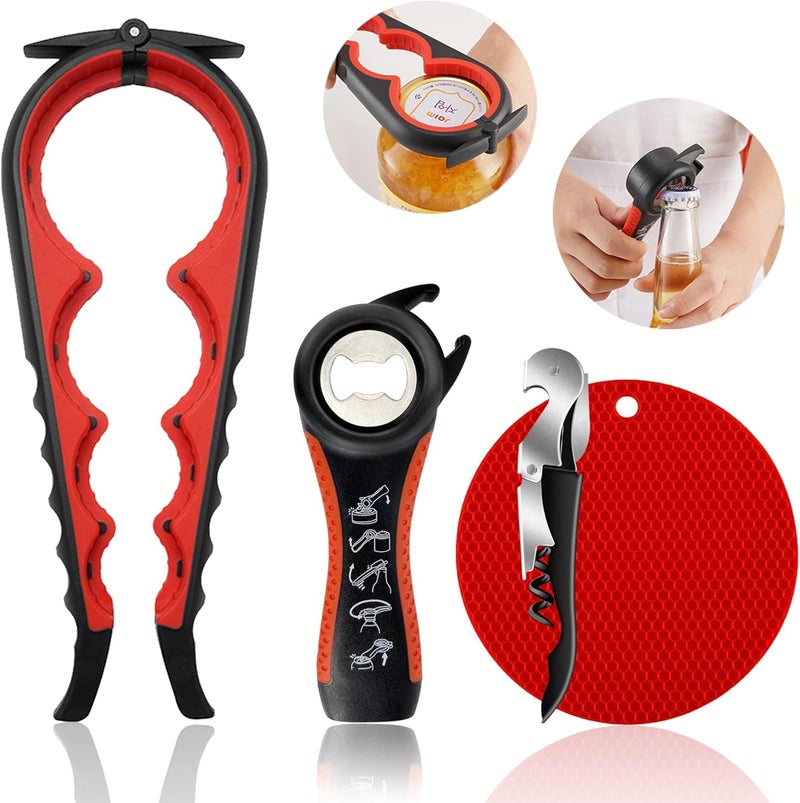 HUMANFUN Jar Opener for Weak Hands, Seniors with Arthritis, 5 in 1 Multi Function Bottle Opener Lid Opener For Arthritic Hands with Non Slip Rubber Jar opener Gripper Pad and Corkscrew Wine Opener(RED) - Image 1