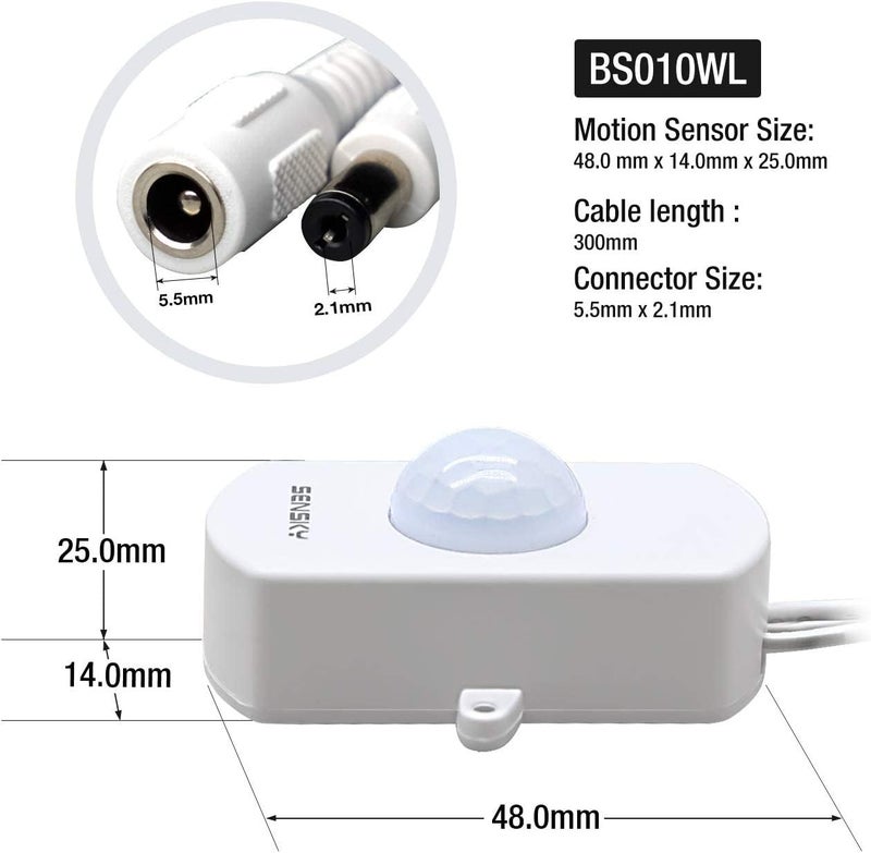 Sensky 2 Pack BS010WL PIR Motion Activated Sensor Switch,DC 12V~30V 3A Occupancy Sensor Switch with DC Coupler Cable for Kitchen Cabinet, Pantry, DIY LED Lighting (with Light Sensor) - Image 3