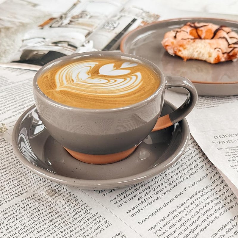 Mora Ceramic Latte Art Mug With Saucer - 10.5 oz, Round Bottom For Perfect Pours - Cafe Cups for Cappuccino, Espresso, Coffee, Tea etc - Porcelain Set for Baristas, Great Gift - Sesame Milk - Image 5