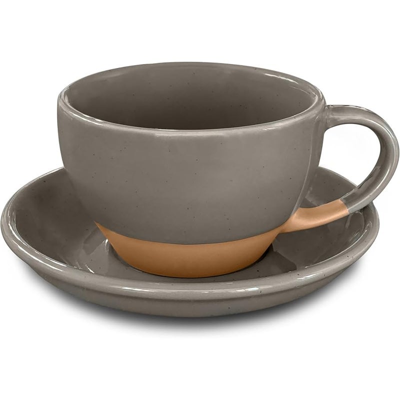 Mora Ceramic Latte Art Mug With Saucer - 10.5 oz, Round Bottom For Perfect Pours - Cafe Cups for Cappuccino, Espresso, Coffee, Tea etc - Porcelain Set for Baristas, Great Gift - Sesame Milk - Image 1