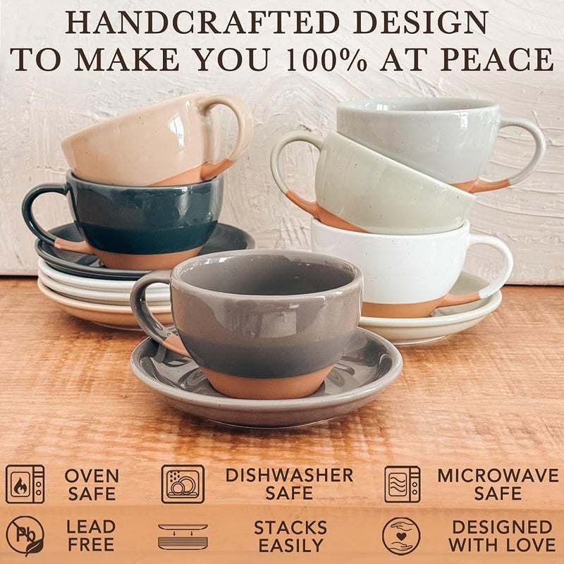 Mora Ceramic Latte Art Mug With Saucer - 10.5 oz, Round Bottom For Perfect Pours - Cafe Cups for Cappuccino, Espresso, Coffee, Tea etc - Porcelain Set for Baristas, Great Gift - Sesame Milk - Image 4