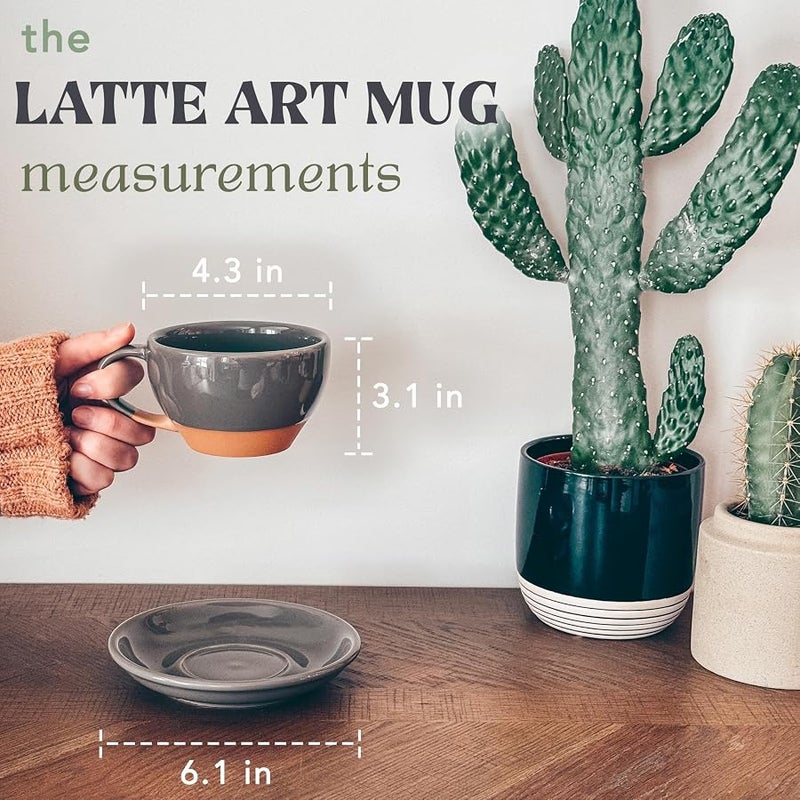 Mora Ceramic Latte Art Mug With Saucer - 10.5 oz, Round Bottom For Perfect Pours - Cafe Cups for Cappuccino, Espresso, Coffee, Tea etc - Porcelain Set for Baristas, Great Gift - Sesame Milk - Image 2