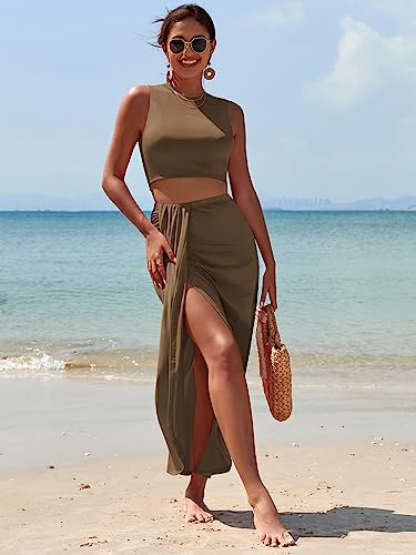 ZAFUL Women's Casual Sleeveless Summer Two Piece Outfits Crop Top and Side Split Draped Ruched Maxi Skirt Set Solid Suiting - Image 2