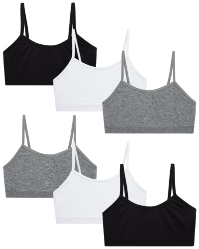 Rene Rofe Girls' Training Bra - 6 Pack 4-Way Stretch Spaghetti Strap Unpadded Bralette Starter Bras for Girls (7-14), Size 14, Black/White/Grey - Image 1