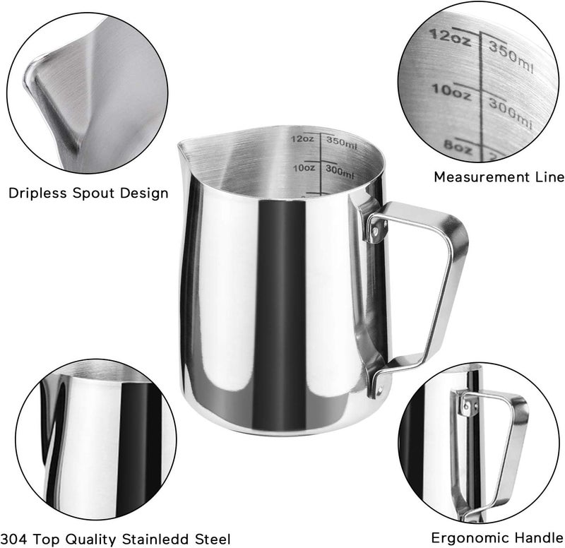 HOFASON Stainless Steel Milk Frothing Pitcher Cappuccino Pitcher Pouring Jug Espresso Cup Creamer Cup for Latte Art, 12 Ounce (350 ML) - Image 3