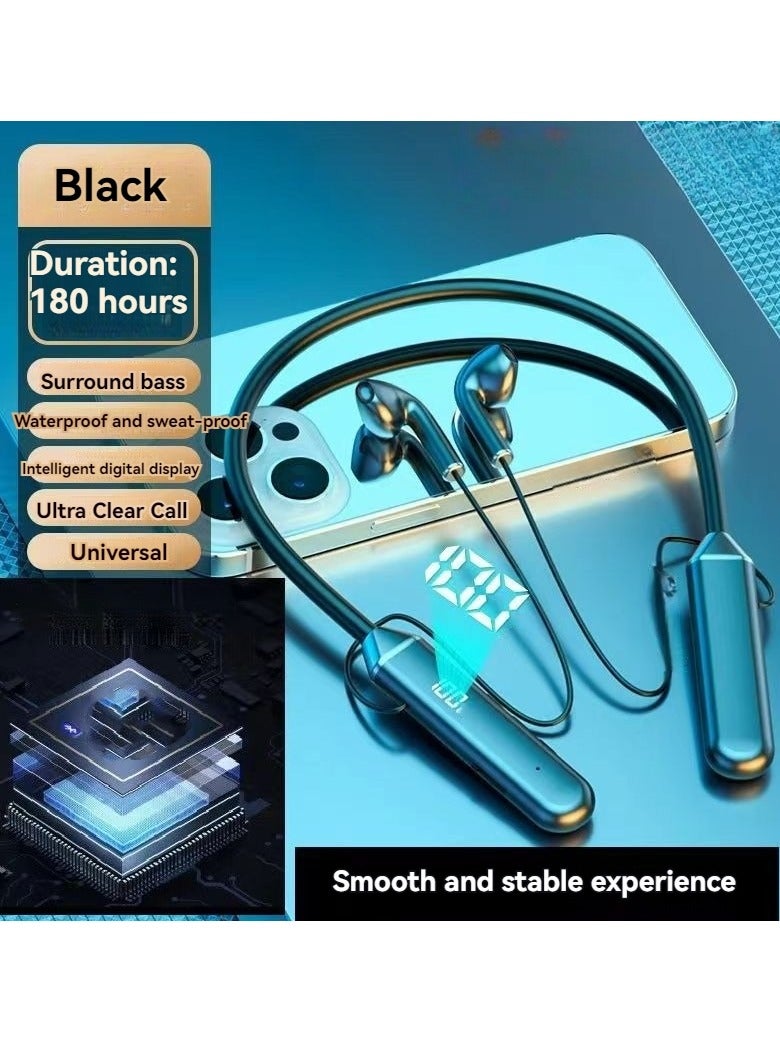 New digital display hanging neck wireless bluetooth headset digital display bluetooth stereo sports headset (black) - Image 1
