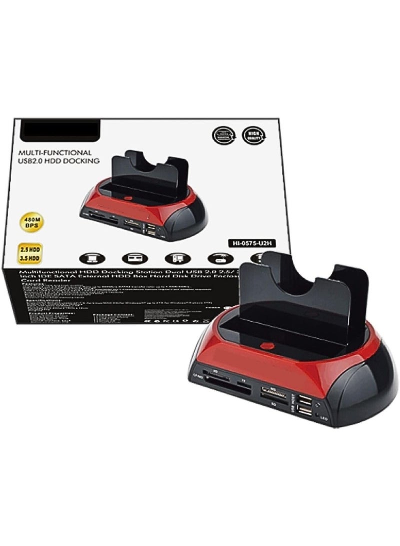 Terabyte USB 2.0 HDD Docking Station, Multi-Functional Hard Drive Enclosure, Dual Port Card Reader, Black and Red - Image 2