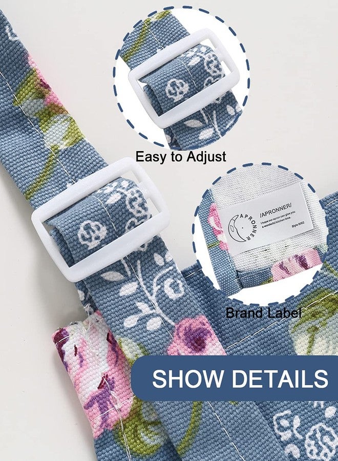 APRONNER Cotton Linen Baking Plus Size Aprons for Women with Pockets Kitchen Cooking 2X-3X Blue Flowers - Image 3