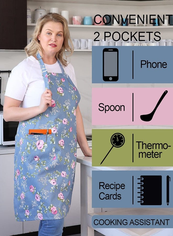 APRONNER Cotton Linen Baking Plus Size Aprons for Women with Pockets Kitchen Cooking 2X-3X Blue Flowers - Image 2