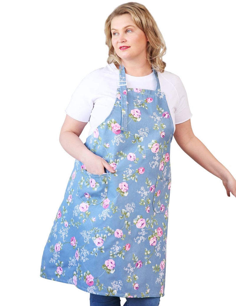 APRONNER Cotton Linen Baking Plus Size Aprons for Women with Pockets Kitchen Cooking 2X-3X Blue Flowers - Image 1