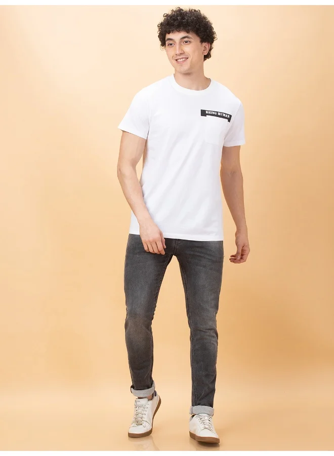 بيينغ هيومان Mens White Round Neck Short Sleeve T-Shirt