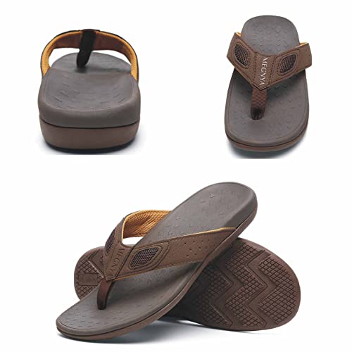 MEGNYA Mens Orthotic Flip Flops Thong Sandals for Flat Feet Plantar Fasciitis with Arch Support Non Slip Toe-Post Slippers Indoor Brown Size 10 - Image 4