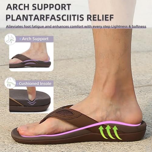 MEGNYA Mens Orthotic Flip Flops Thong Sandals for Flat Feet Plantar Fasciitis with Arch Support Non Slip Toe-Post Slippers Indoor Brown Size 10 - Image 2