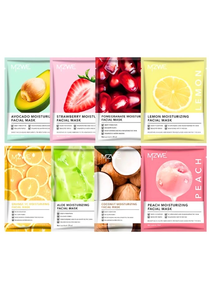 MZWE Beauty Facial Sheet Mask | Natural Sheet Mask | Face sheet Mask for Women and Men Cosmetics Fairness Facial Mask Combo Pack of 8 Avocado, Strawberry, Pomegranate  Lemon, Orange, Aloe Vera, Coconut and Peach. - Image 2