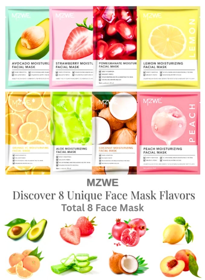 MZWE Beauty Facial Sheet Mask | Natural Sheet Mask | Face sheet Mask for Women and Men Cosmetics Fairness Facial Mask Combo Pack of 8 Avocado, Strawberry, Pomegranate  Lemon, Orange, Aloe Vera, Coconut and Peach. - Image 1