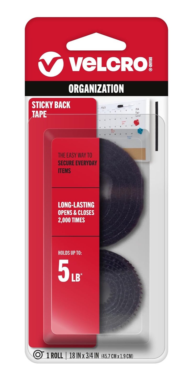 Velcro Sticky Back Tape, Black Reclosable Fastener Roll, 18 in x 3/4 in / 45.7 cm x 1.9 cm, for Home Organization, Securing Everyday Items, Holds up to 5 lb - Image 1