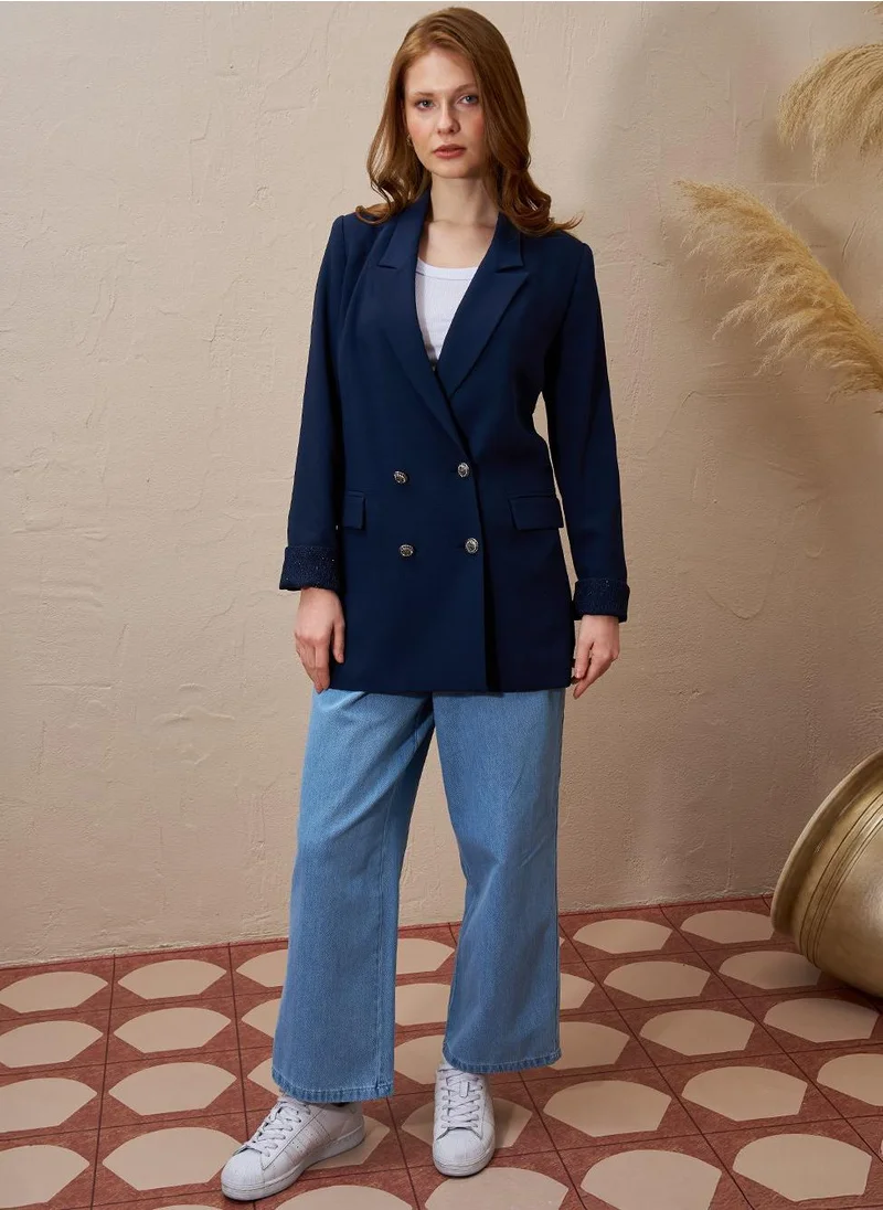 Kayra Double Breasted Blazer Jacket Dark Navy Blue