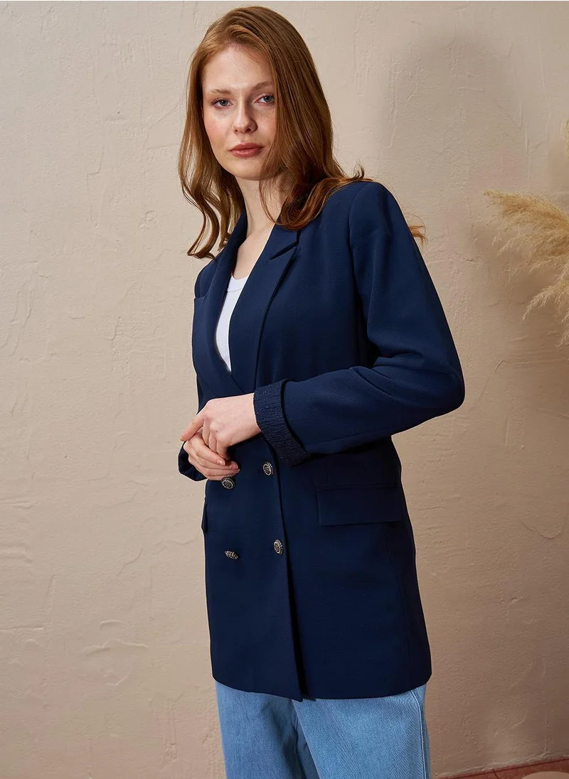 Kayra Double Breasted Blazer Jacket Dark Navy Blue