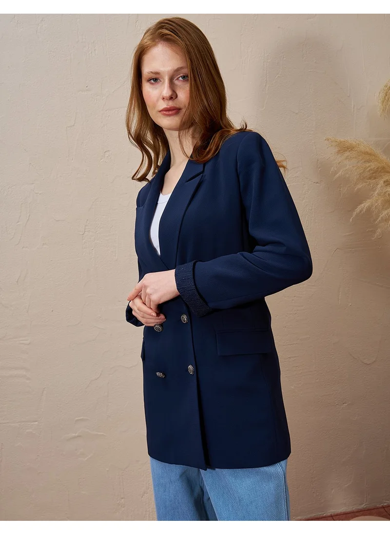 Kayra Double Breasted Blazer Jacket Dark Navy Blue