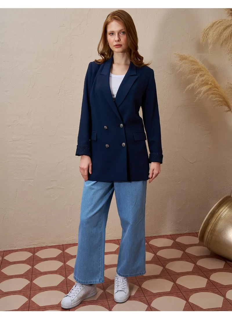Kayra Double Breasted Blazer Jacket Dark Navy Blue