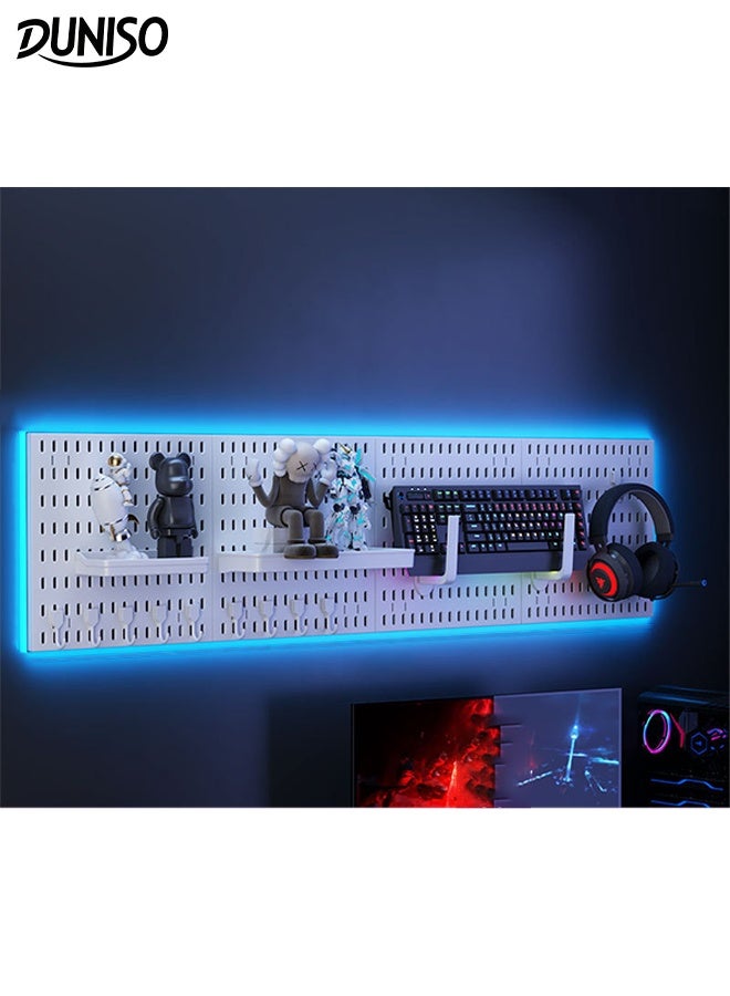 DUNISO Multifunctional Pegboard Combination Kit Hanging Wall Organiser Pegboards Modular with Accessories 4 Panel Wall Organizer and Storage with 3m Light Strip for Office, Home, and Gaming Office Desk - Image 1
