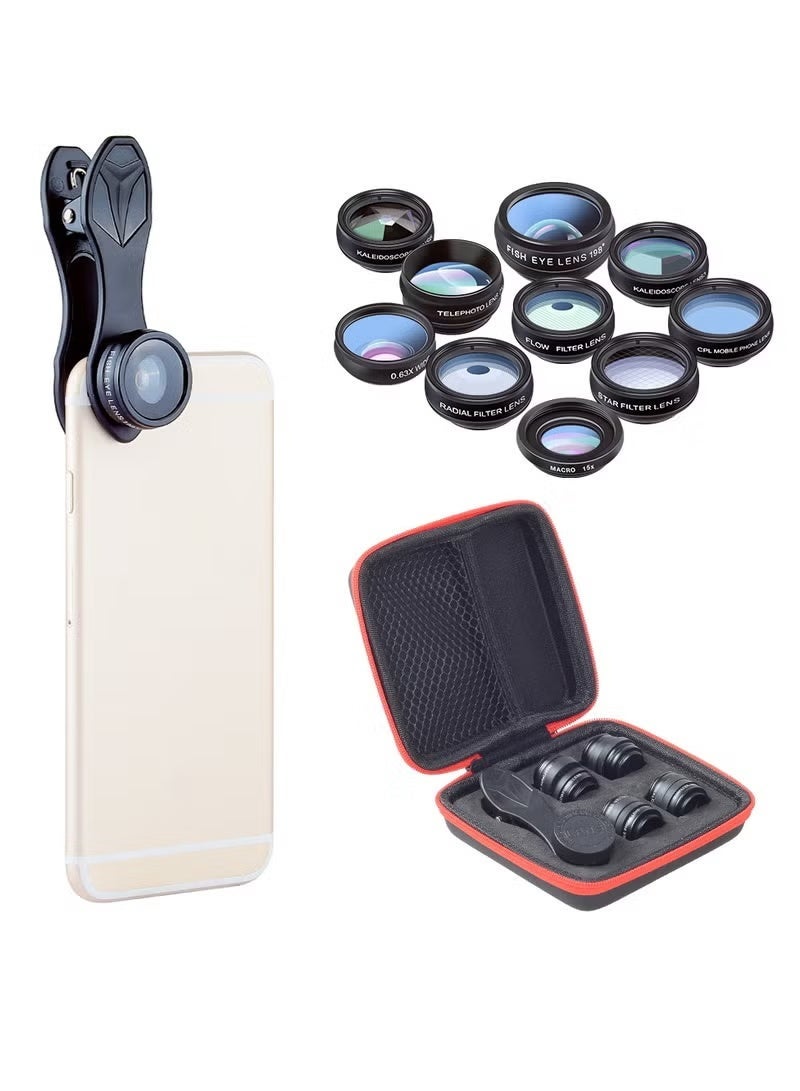 APEXEL 10 in 1 Phone Camera Lens Kit with 0.63X Wide Angle + 15X Macro + 198°Fisheye + 2X Telephoto + CPL + Star Filter + Radial Filter + Flow Filter + Kaleidoscope 3 + Kaleidoscope 6 - Image 2
