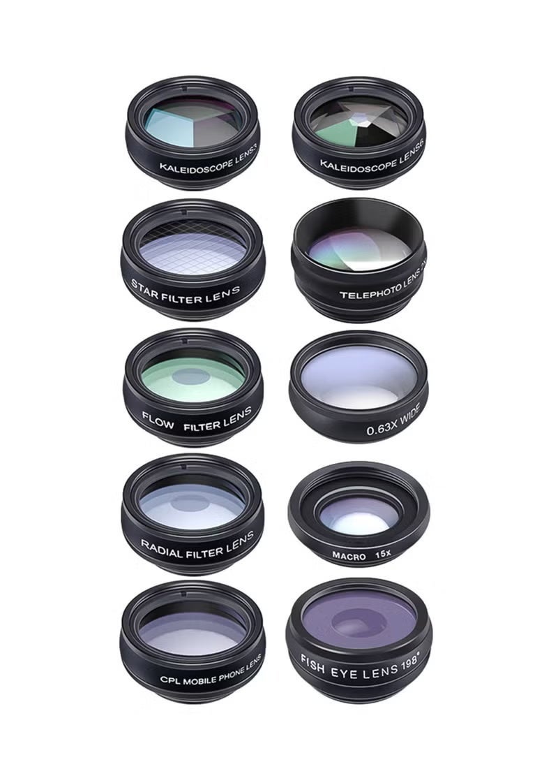 APEXEL 10 in 1 Phone Camera Lens Kit with 0.63X Wide Angle + 15X Macro + 198°Fisheye + 2X Telephoto + CPL + Star Filter + Radial Filter + Flow Filter + Kaleidoscope 3 + Kaleidoscope 6 - Image 3