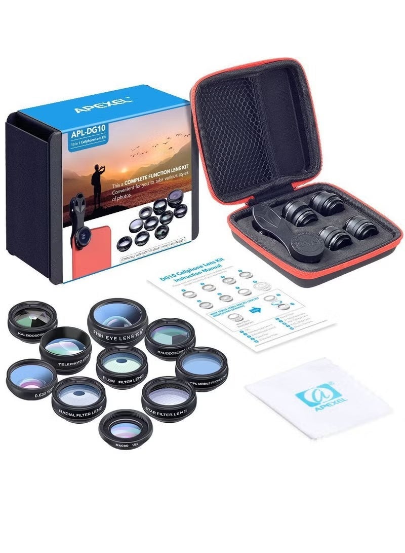 APEXEL 10 in 1 Phone Camera Lens Kit with 0.63X Wide Angle + 15X Macro + 198°Fisheye + 2X Telephoto + CPL + Star Filter + Radial Filter + Flow Filter + Kaleidoscope 3 + Kaleidoscope 6 - Image 1