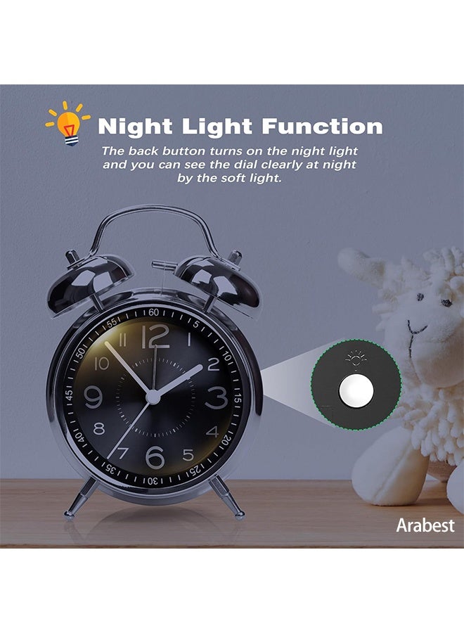 Arabest Loud Alarm Clock for Heavy Sleepers Adults,Retro 4 Inch Silent Non-Ticking Quartz with Backlight,Twin Bell Analog Kids Alarm Clocks for Bedrooms Bedside (Black) - Image 4