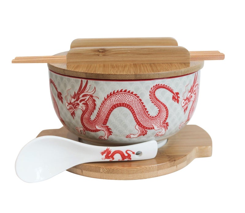 XWORLD Japanese Ceramic Ramen Noodle Bowls Set with Ceramic Spoon Bamboo Chopsticks Lid  Trivet Serving Capacity of 338 OZ Microwavable Oven Safety 33 x 66 D Red Dragon