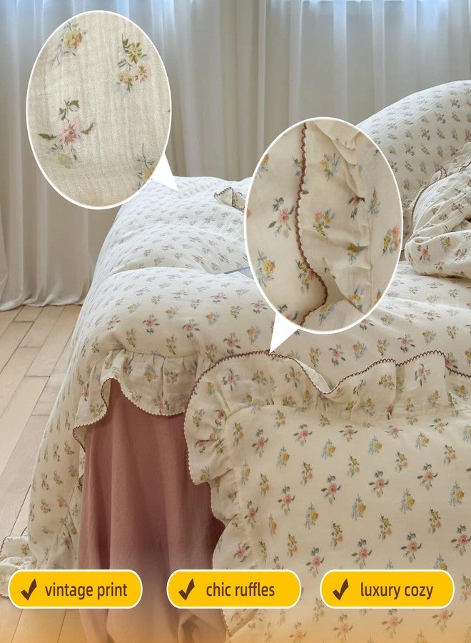 BuLuTu 100% Cotton Muslin Duvet Cover Twin for Kids Girls Boys, Shabby Chic Azalea Floral Duvet Covers Vintage Farmhouse Comforter/Quilt Cover with Ruffles, 68"x86", Zipper Closure, No Pillow - Image 3