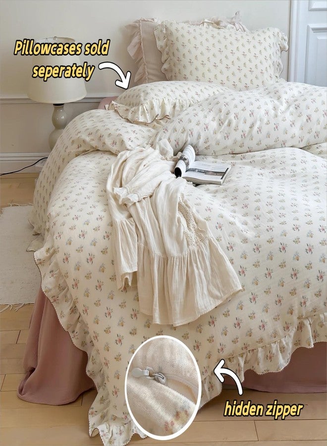 BuLuTu 100% Cotton Muslin Duvet Cover Twin for Kids Girls Boys, Shabby Chic Azalea Floral Duvet Covers Vintage Farmhouse Comforter/Quilt Cover with Ruffles, 68"x86", Zipper Closure, No Pillow - Image 2
