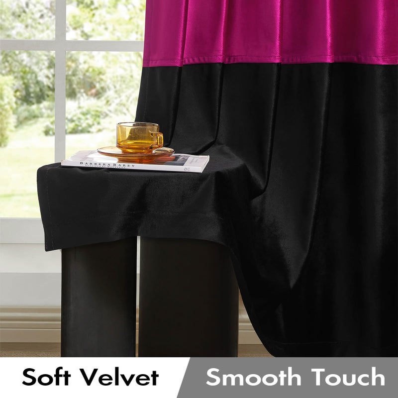 BULBUL Color Block Window Curtains Panels 84 inches Long Hot Pink Black Velvet Farmhouse Drapes for Bedroom Living Room Darkening Treatment with Grommet Set of 2 - Image 3