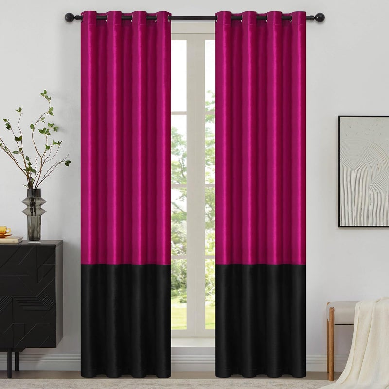 BULBUL Color Block Window Curtains Panels 84 inches Long Hot Pink Black Velvet Farmhouse Drapes for Bedroom Living Room Darkening Treatment with Grommet Set of 2 - Image 1
