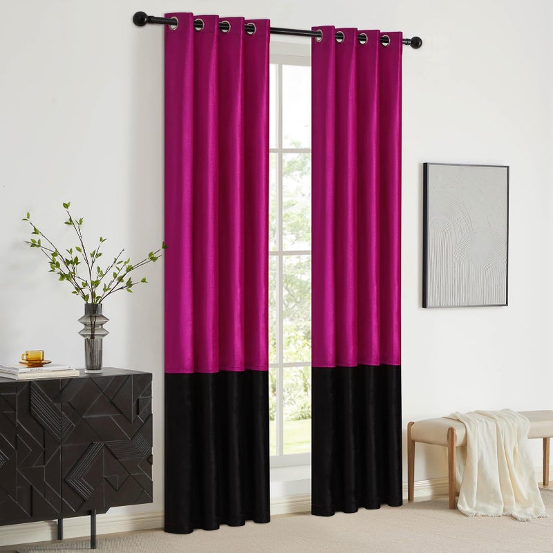 BULBUL Color Block Window Curtains Panels 84 inches Long Hot Pink Black Velvet Farmhouse Drapes for Bedroom Living Room Darkening Treatment with Grommet Set of 2 - Image 5