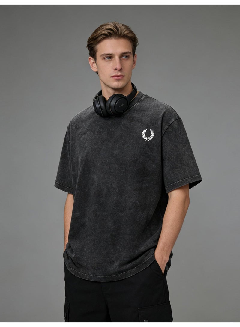Fred Perry vintage old washed printed loose round neck T-shirt for men and women with the same basic Joker casual shirt. - Image 5