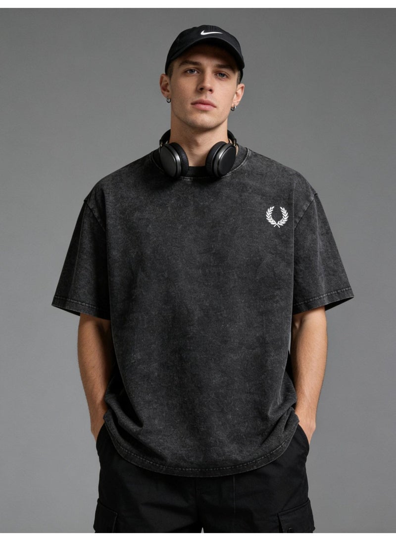 Fred Perry vintage old washed printed loose round neck T-shirt for men and women with the same basic Joker casual shirt. - Image 1