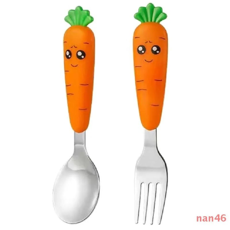 Carrot-Themed Toddler Feeding Set Spoon 2.5x14 cm Fork 4.5x14 cm Stainless Steel - Ergonomic Handle Safe Rounded Design for Self-Feeding Toddlers