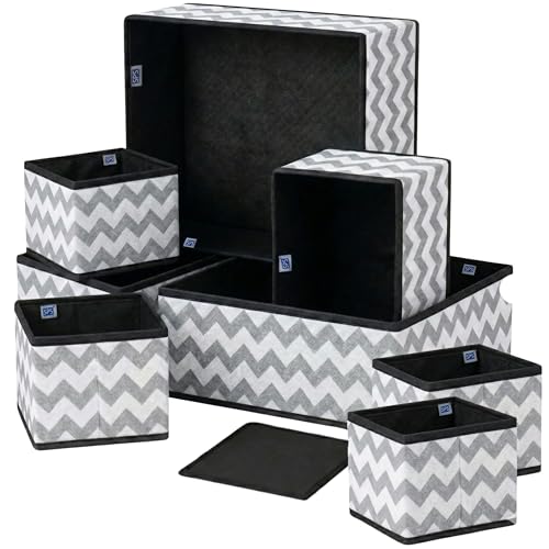 Skrill 8-Piece Foldable Cloth Storage Box Set | Cube Baskets, Bins & Dividers for Closet & Dresser Drawer Organization | Storage for Shirts, Pants, Underwear, Bras, Socks & More (Zigzag Waves Grey) - Image 1