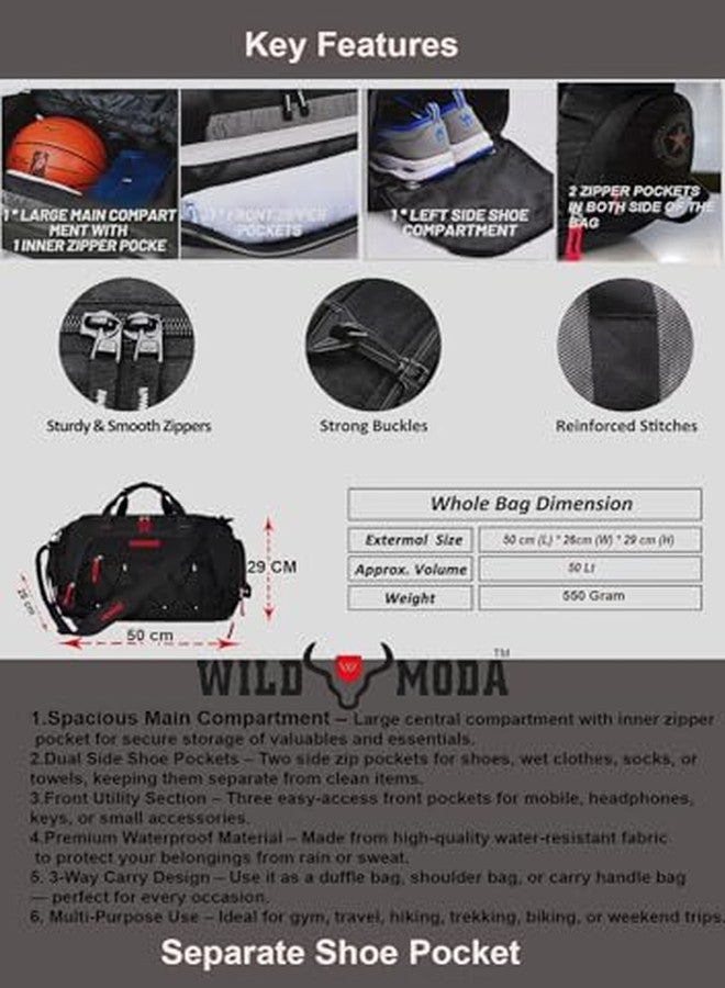 WILD MODA 50L Gym Duffel Bag | Large Travel Sports Bag for Men & Women (Black & Red) - Image 5