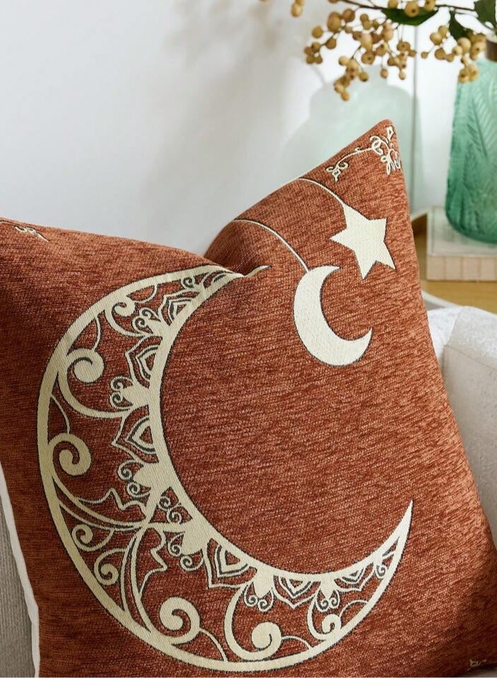 AL-HRAER Ramadan Cushion Cover Made Of Exquisitely Woven Chenille Fabric Textured With Crescent Moon And Lantern Designs In A Luxurious Jacquard Material – Size 45x45 Cm - Image 4