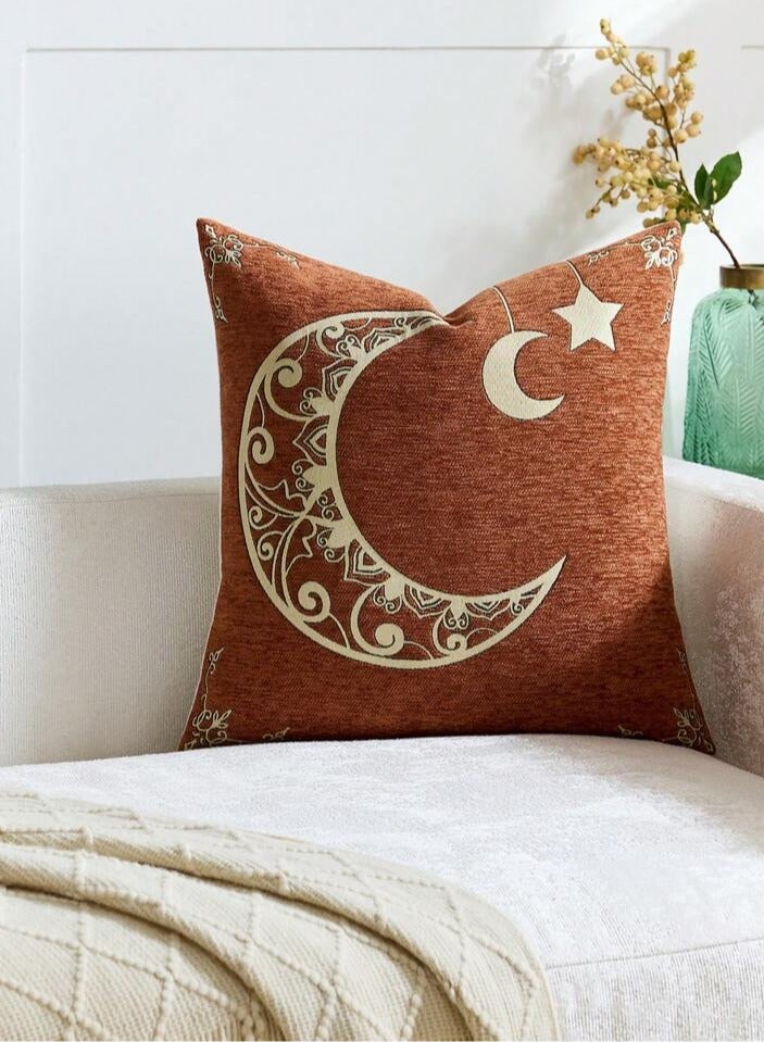 AL-HRAER Ramadan Cushion Cover Made Of Exquisitely Woven Chenille Fabric Textured With Crescent Moon And Lantern Designs In A Luxurious Jacquard Material – Size 45x45 Cm - Image 1