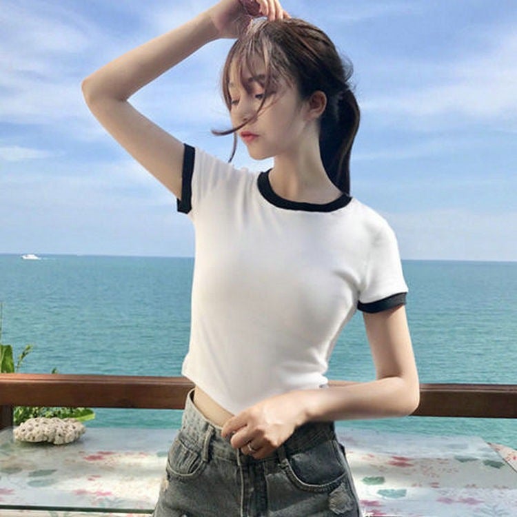 Short-Sleeved T-Shirt for Women, 2025 Summer New Style, Short Korean Version, Trendy Student Style, Slim Fit, Cropped Top for Students - Image 3