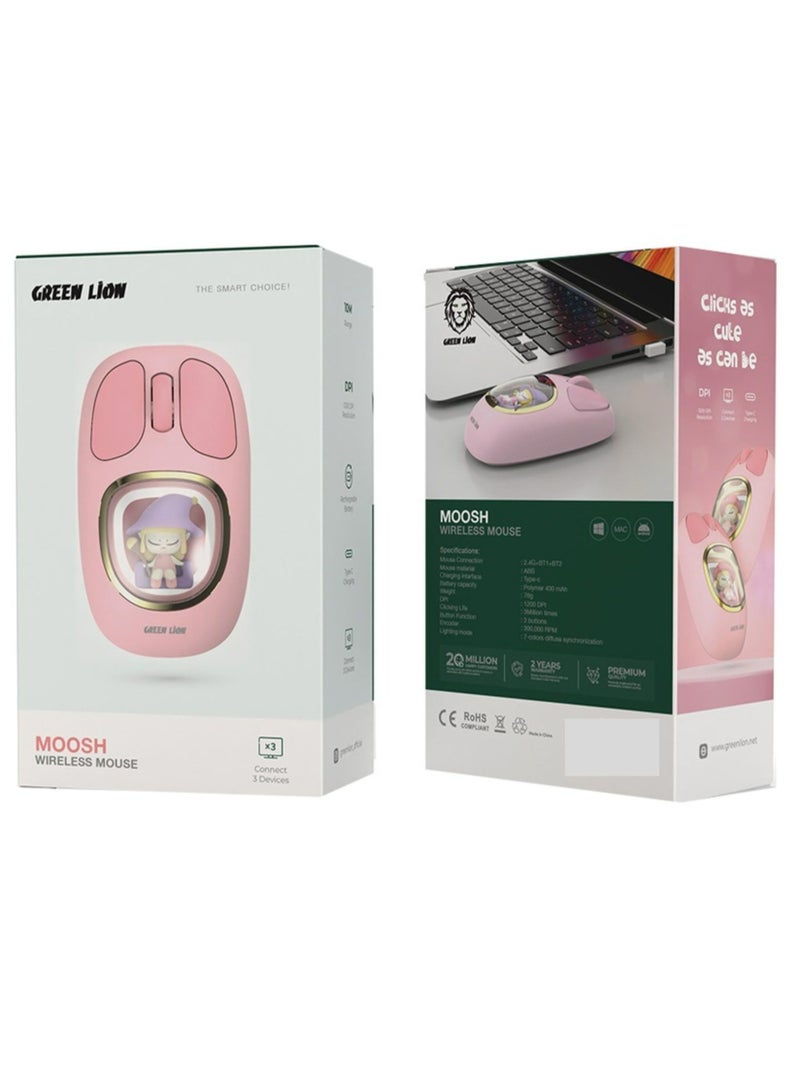 GREEN LION Moosh Wireless Mouse with 7-Color Diffuse Lighting, Up to 3 Million Clicks, 3-Button Function, 400mAh Battery, 1200 DPI, Connects Up to 3 Devices, USB-C Charging Interface - Pink  - Image 2
